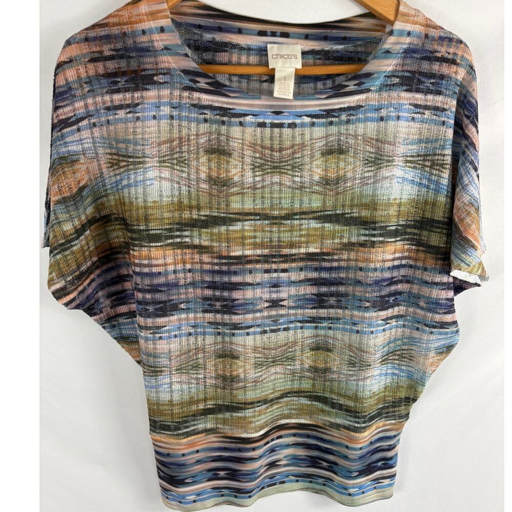 Chicos Wave Colorful Patterned Short Sleeve Blouse Size 1 / Medium